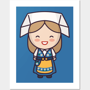 Cute Swedish Village Girl in Traditional Clothing Cartoon Posters and Art